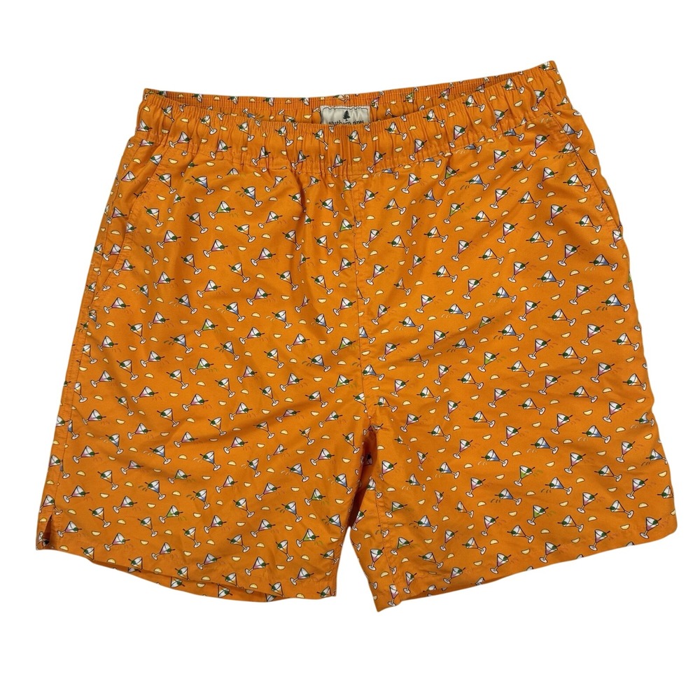 Southern Pines Swim Trunks Mens M Orange Martini Glass Print Shorts‎ Vacation